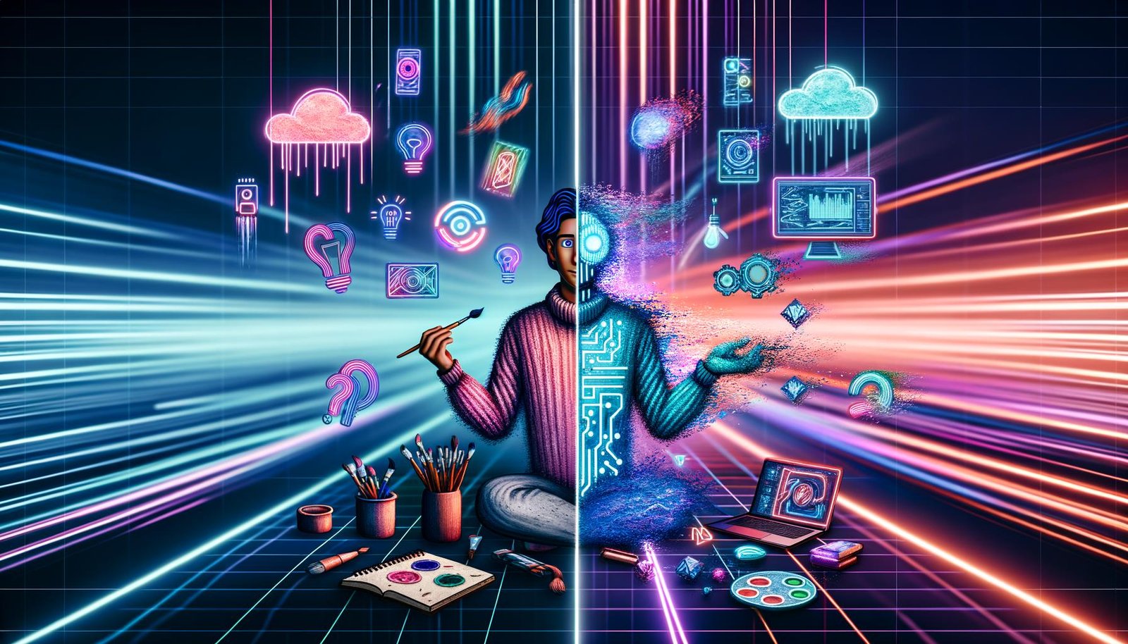 Digitale Illustration eines modernen Arbeitsplatzes mit einer kreativen Person – halb traditionell mit Pinsel und Notizbuch, halb futuristisch mit KI-Chips und Coding-Icons, umgeben von Datenströmen und Tools.