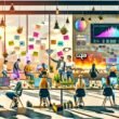 Illustration einer urbanen Kreativszene 2025 mit diversen jungen Menschen an Laptops, digitalen Whiteboards, Bildschirmen mit Datenvisualisierungen, KI-Moodboards, Post-its und automatisierten Roboterarmen in einem modernen Workspace mit Pflanzen.