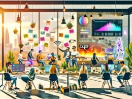 Illustration einer urbanen Kreativszene 2025 mit diversen jungen Menschen an Laptops, digitalen Whiteboards, Bildschirmen mit Datenvisualisierungen, KI-Moodboards, Post-its und automatisierten Roboterarmen in einem modernen Workspace mit Pflanzen.