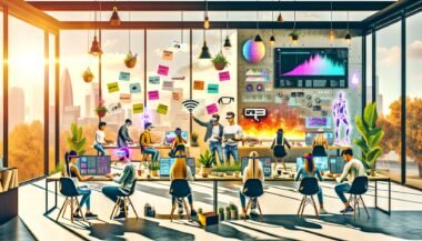 Illustration einer urbanen Kreativszene 2025 mit diversen jungen Menschen an Laptops, digitalen Whiteboards, Bildschirmen mit Datenvisualisierungen, KI-Moodboards, Post-its und automatisierten Roboterarmen in einem modernen Workspace mit Pflanzen.