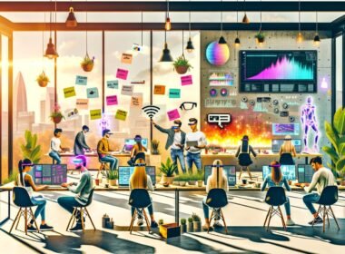 Illustration einer urbanen Kreativszene 2025 mit diversen jungen Menschen an Laptops, digitalen Whiteboards, Bildschirmen mit Datenvisualisierungen, KI-Moodboards, Post-its und automatisierten Roboterarmen in einem modernen Workspace mit Pflanzen.