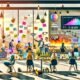 Illustration einer urbanen Kreativszene 2025 mit diversen jungen Menschen an Laptops, digitalen Whiteboards, Bildschirmen mit Datenvisualisierungen, KI-Moodboards, Post-its und automatisierten Roboterarmen in einem modernen Workspace mit Pflanzen.