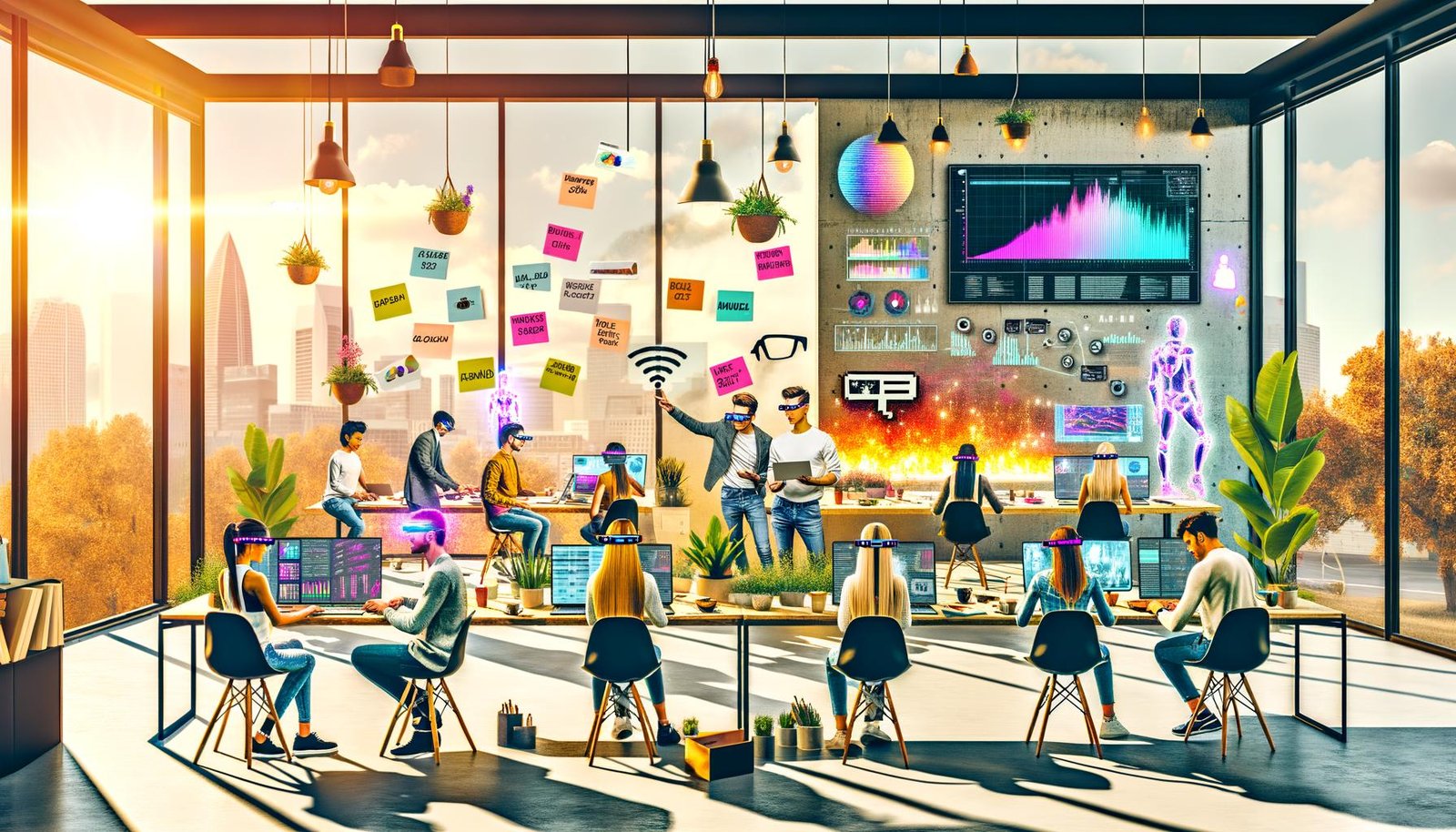 Illustration einer urbanen Kreativszene 2025 mit diversen jungen Menschen an Laptops, digitalen Whiteboards, Bildschirmen mit Datenvisualisierungen, KI-Moodboards, Post-its und automatisierten Roboterarmen in einem modernen Workspace mit Pflanzen.