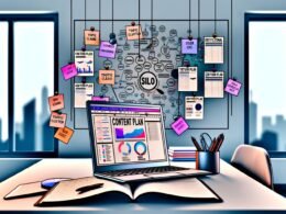 Moderne Illustration eines Redaktionsraums mit Laptop, Content-Plan, Notizbüchern, bunten Post-Its und SEO-Skizzen, urbaner Stil, Stadt im Hintergrund.
