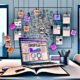 Moderne Illustration eines Redaktionsraums mit Laptop, Content-Plan, Notizbüchern, bunten Post-Its und SEO-Skizzen, urbaner Stil, Stadt im Hintergrund.