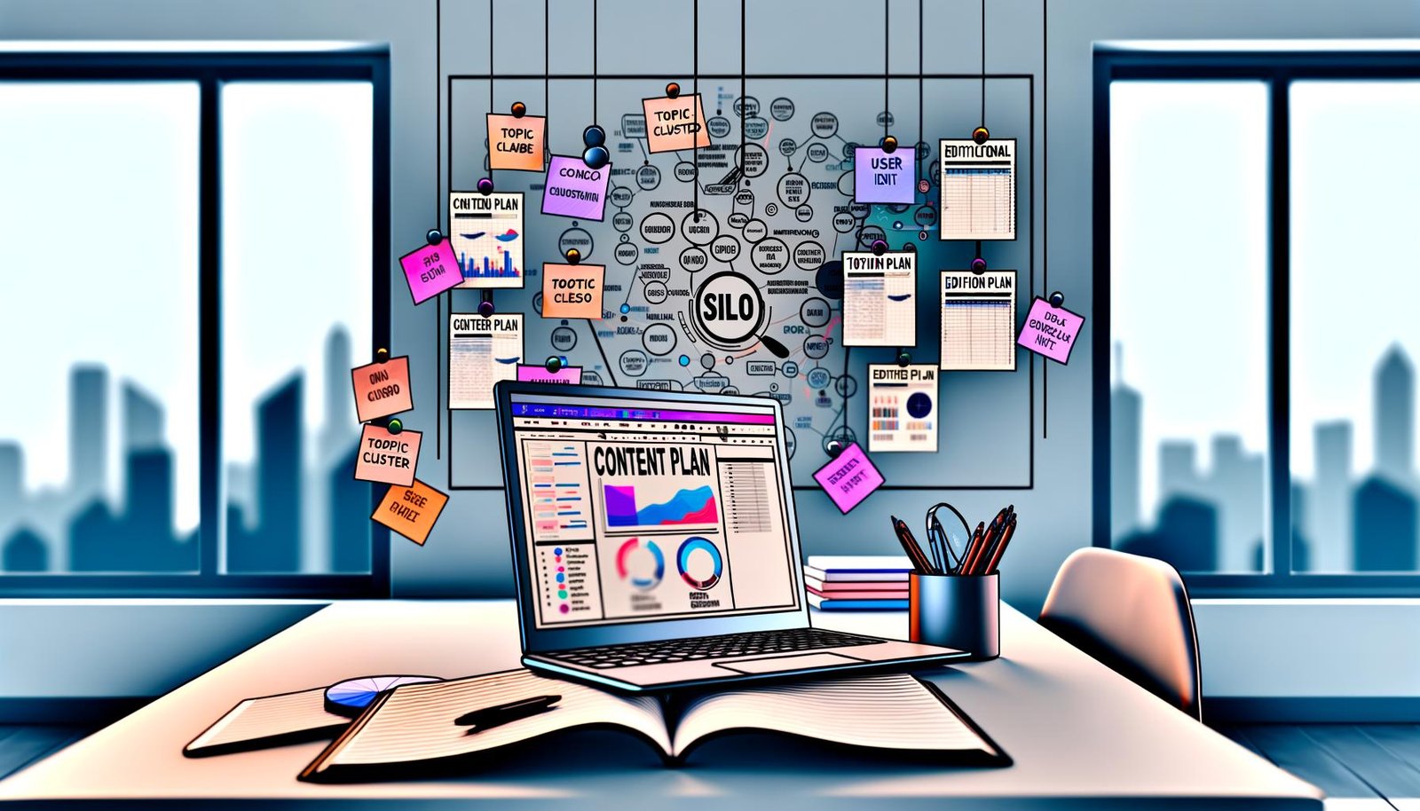 Moderne Illustration eines Redaktionsraums mit Laptop, Content-Plan, Notizbüchern, bunten Post-Its und SEO-Skizzen, urbaner Stil, Stadt im Hintergrund.
