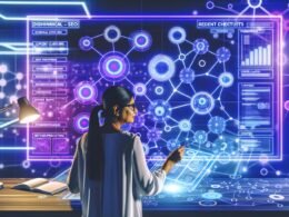 Digitalstratege analysiert gläsernes Blueprint-Board voller SEO-Diagramme, Cluster-Strategien und Analysedaten, umgeben von Laptops mit WordPress-Dashboards.