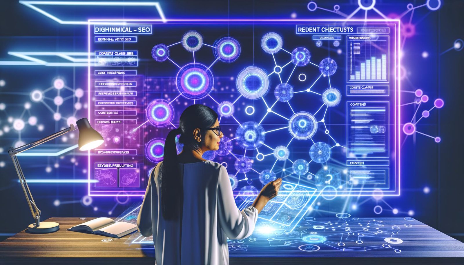 Digitalstratege analysiert gläsernes Blueprint-Board voller SEO-Diagramme, Cluster-Strategien und Analysedaten, umgeben von Laptops mit WordPress-Dashboards.