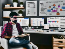 Fokussierter Blogger im modernen Arbeitszimmer mit mehreren Monitoren, SEO-Tools, Traffic-Statistiken, Content-Plan, Whiteboard und technischen Checklisten, umgeben von Pflanzen und Smart-Home-Gadgets.