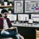 Fokussierter Blogger im modernen Arbeitszimmer mit mehreren Monitoren, SEO-Tools, Traffic-Statistiken, Content-Plan, Whiteboard und technischen Checklisten, umgeben von Pflanzen und Smart-Home-Gadgets.