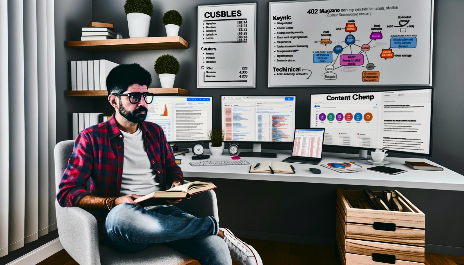 Fokussierter Blogger im modernen Arbeitszimmer mit mehreren Monitoren, SEO-Tools, Traffic-Statistiken, Content-Plan, Whiteboard und technischen Checklisten, umgeben von Pflanzen und Smart-Home-Gadgets.