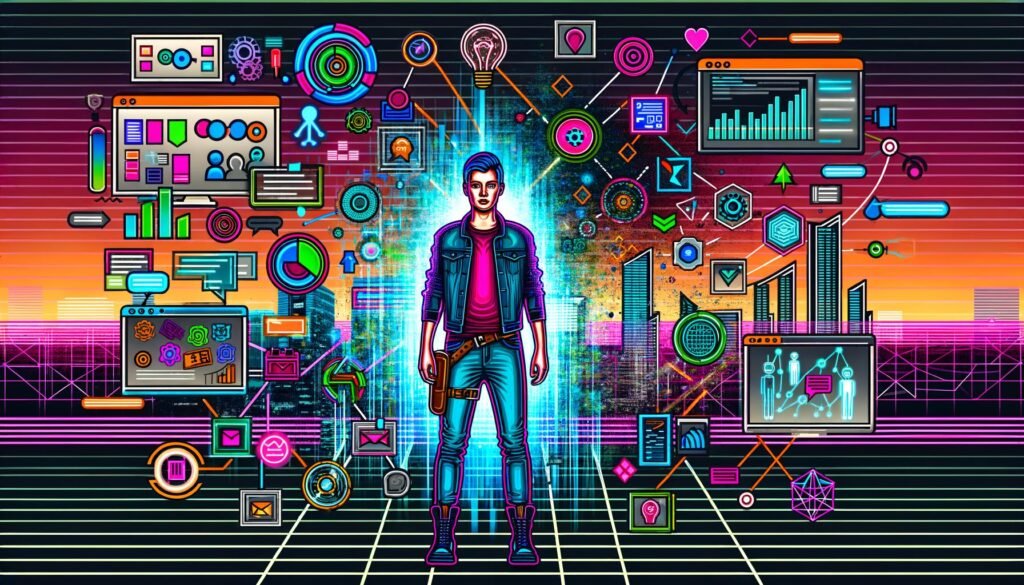 Moderne Illustration eines digitalen Kreativen zwischen bunter Präsentationsflut und futuristischem Arbeitsplatz mit KI, Datendiagrammen und digitaler Skyline.
