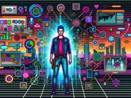 Moderne Illustration eines digitalen Kreativen zwischen bunter Präsentationsflut und futuristischem Arbeitsplatz mit KI, Datendiagrammen und digitaler Skyline.