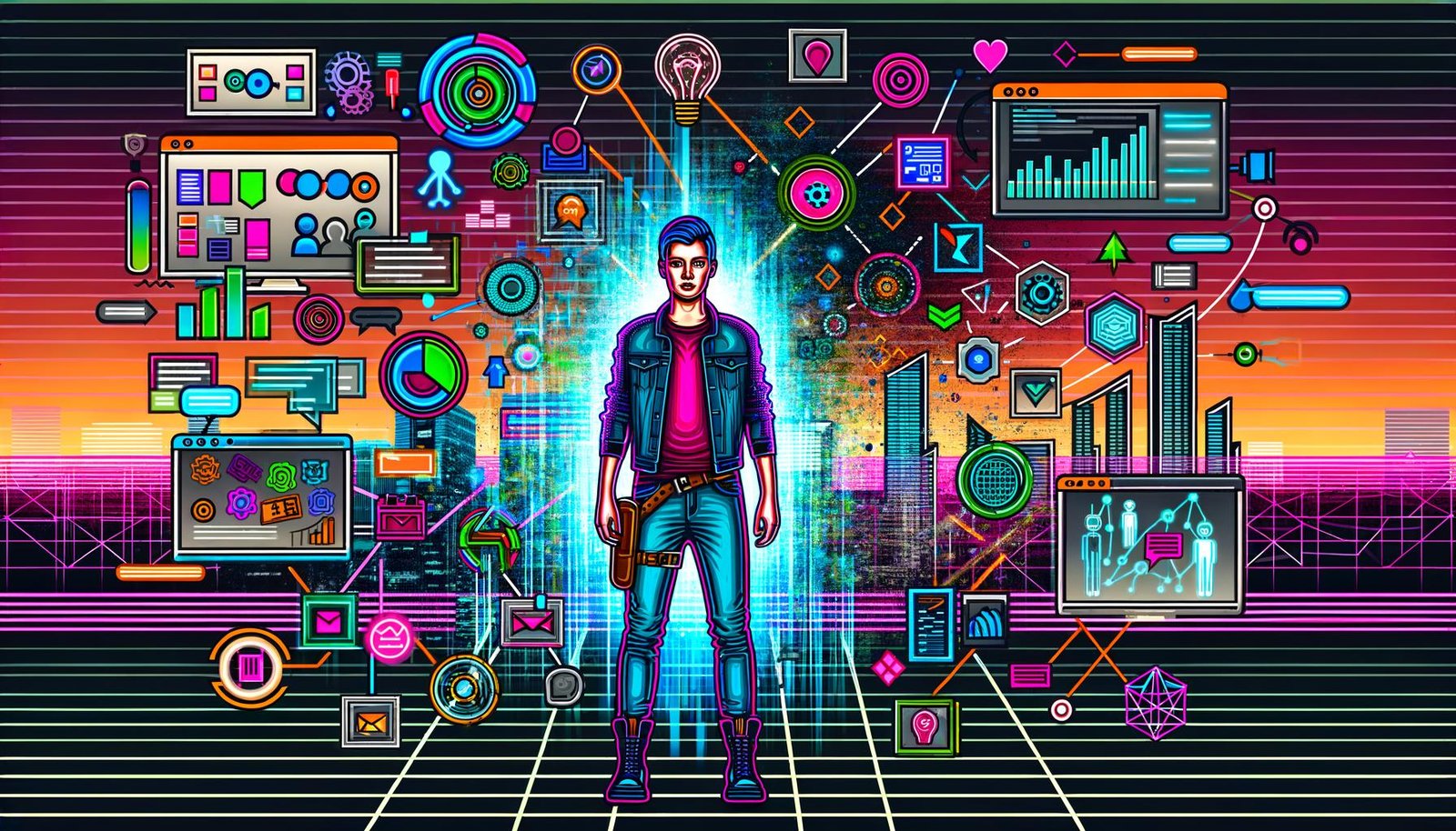 Moderne Illustration eines digitalen Kreativen zwischen bunter Präsentationsflut und futuristischem Arbeitsplatz mit KI, Datendiagrammen und digitaler Skyline.