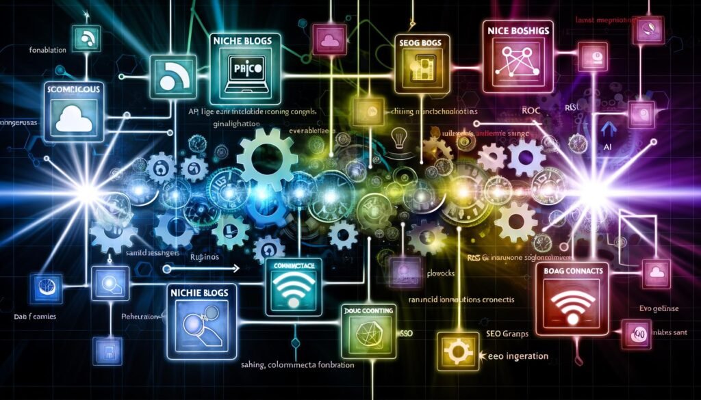 Futuristische Illustration vernetzter Nischenblogs mit individuellen Layouts, verbunden durch leuchtende Linien, umgeben von API-Codes, RSS-Icons und SEO-Diagrammen. Zahnräder, Cloud-Symbole und Teamwork verstärken die Idee von Innovation und Kooperation.