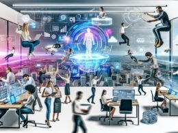 Modernes, diverses Kreativteam arbeitet dynamisch in einem offenen Workspace mit digitalen Tools, Tech-Gadgets, großen Screens, KI-generierten Bildern und futuristischen Interfaces, im Hintergrund ein digital vernetztes Großstadtpanorama.
