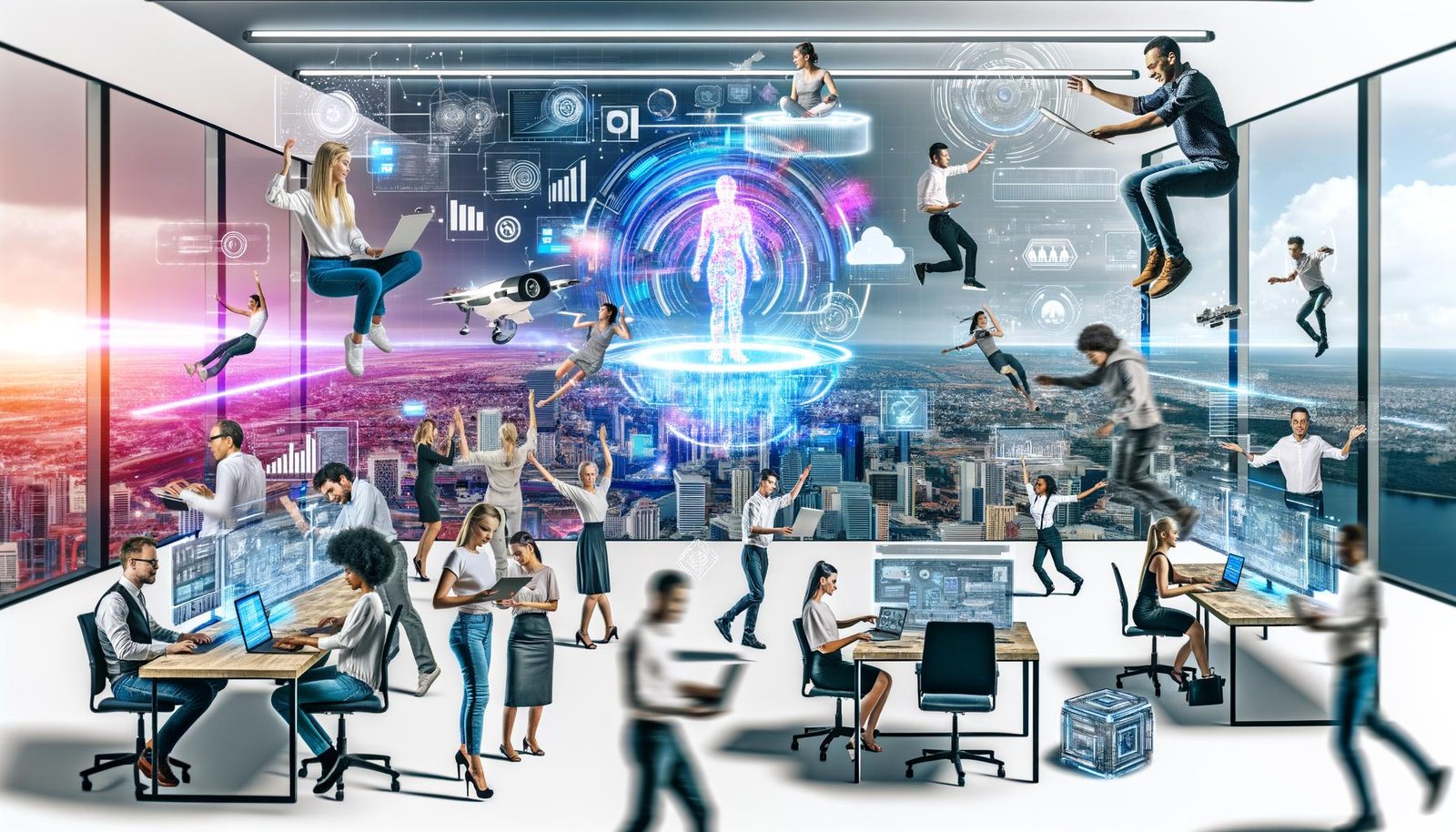 Modernes, diverses Kreativteam arbeitet dynamisch in einem offenen Workspace mit digitalen Tools, Tech-Gadgets, großen Screens, KI-generierten Bildern und futuristischen Interfaces, im Hintergrund ein digital vernetztes Großstadtpanorama.