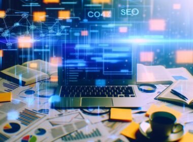 Laptop auf unordentlichem Schreibtisch mit Notizzetteln, Fachbüchern und leuchtenden SEO-Diagrammen, umgeben von holografischen Datenströmen und Internet-Symbolen.