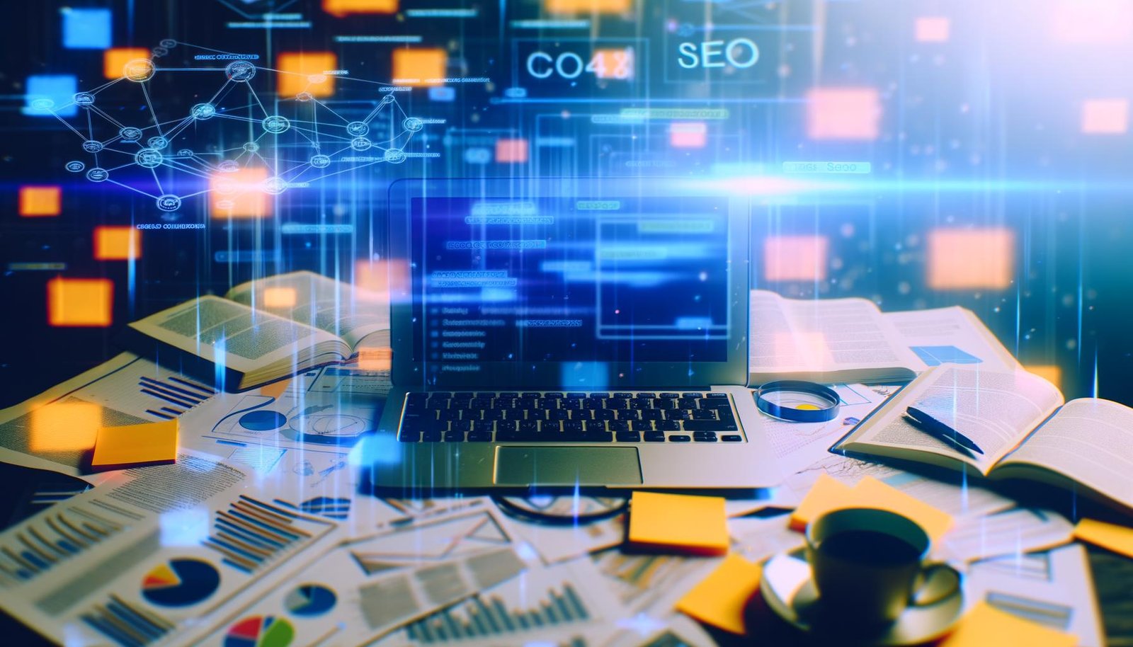Laptop auf unordentlichem Schreibtisch mit Notizzetteln, Fachbüchern und leuchtenden SEO-Diagrammen, umgeben von holografischen Datenströmen und Internet-Symbolen.