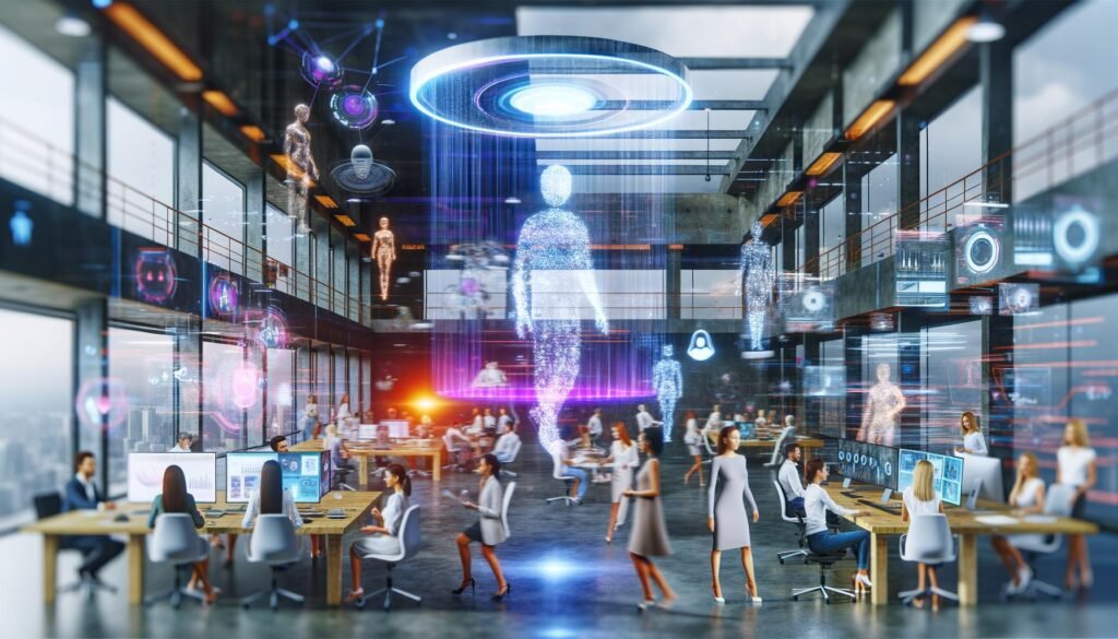 Visionäres Großraumbüro mit diversen Kreativen, digitalen Hologrammen, KI-Avataren und modernen Analyse-Tools in lebendiger, futuristischer Umgebung.