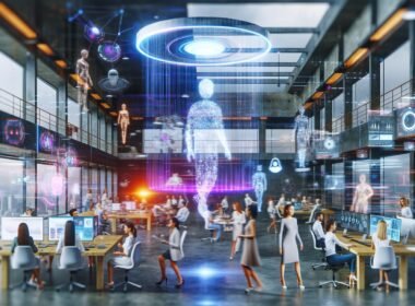 Visionäres Großraumbüro mit diversen Kreativen, digitalen Hologrammen, KI-Avataren und modernen Analyse-Tools in lebendiger, futuristischer Umgebung.