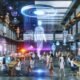 Visionäres Großraumbüro mit diversen Kreativen, digitalen Hologrammen, KI-Avataren und modernen Analyse-Tools in lebendiger, futuristischer Umgebung.