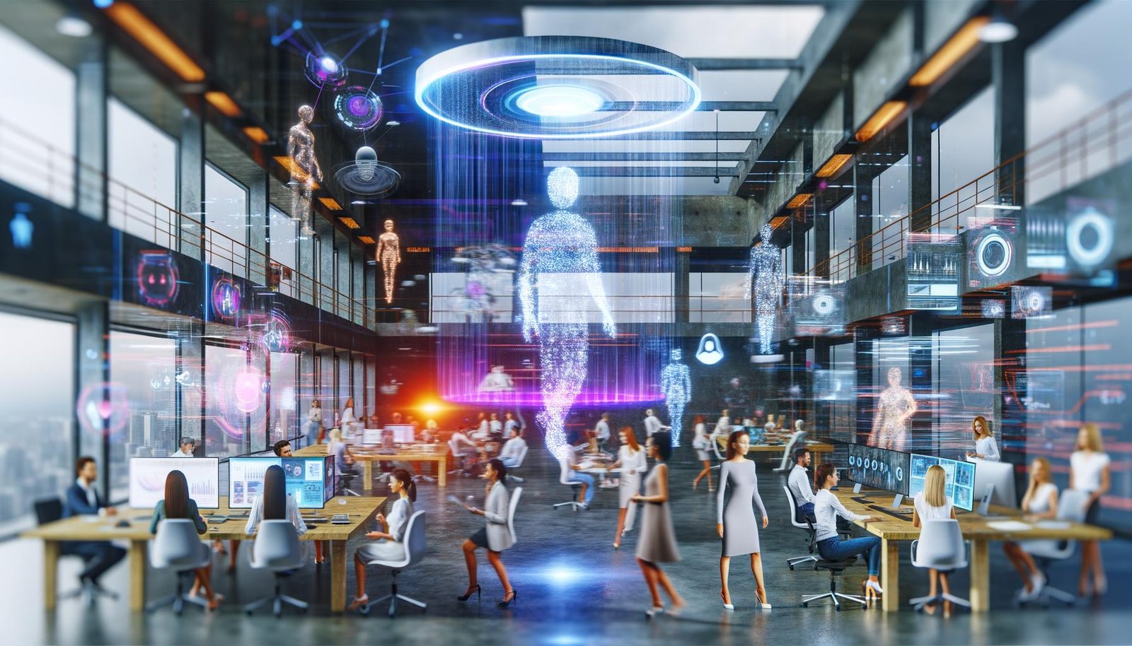 Visionäres Großraumbüro mit diversen Kreativen, digitalen Hologrammen, KI-Avataren und modernen Analyse-Tools in lebendiger, futuristischer Umgebung.