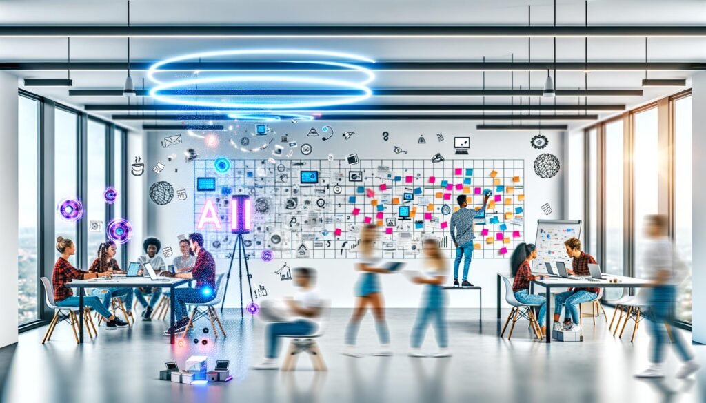 Kreativteam im futuristischen, minimalistischen Büro brainstormt mit Whiteboards, Touchscreens, Hologrammen und agilen Boards im Hintergrund.