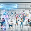 Kreativteam im futuristischen, minimalistischen Büro brainstormt mit Whiteboards, Touchscreens, Hologrammen und agilen Boards im Hintergrund.