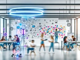 Kreativteam im futuristischen, minimalistischen Büro brainstormt mit Whiteboards, Touchscreens, Hologrammen und agilen Boards im Hintergrund.
