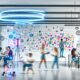 Kreativteam im futuristischen, minimalistischen Büro brainstormt mit Whiteboards, Touchscreens, Hologrammen und agilen Boards im Hintergrund.