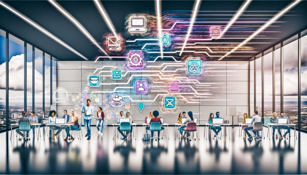 Kreatives Team arbeitet kollaborativ an digitalen Whiteboards im modernen Großraumbüro, umgeben von leuchtenden Grafiken, Datenströmen und Icons für zentrale digitale Tools wie Headless CMS und KI-Systeme.