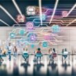 Kreatives Team arbeitet kollaborativ an digitalen Whiteboards im modernen Großraumbüro, umgeben von leuchtenden Grafiken, Datenströmen und Icons für zentrale digitale Tools wie Headless CMS und KI-Systeme.