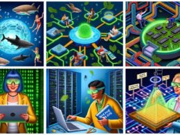 Kraftvolle Illustrationen von Bloggern in einem digitalen Haifischbecken, modernen Server-Technologien, SEO-Lösungen im Laborstil und einer Content-Baumstruktur, die Nischenblog-Erfolg und Monetarisierung visualisieren.