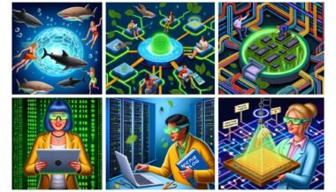 Kraftvolle Illustrationen von Bloggern in einem digitalen Haifischbecken, modernen Server-Technologien, SEO-Lösungen im Laborstil und einer Content-Baumstruktur, die Nischenblog-Erfolg und Monetarisierung visualisieren.
