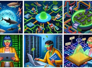 Kraftvolle Illustrationen von Bloggern in einem digitalen Haifischbecken, modernen Server-Technologien, SEO-Lösungen im Laborstil und einer Content-Baumstruktur, die Nischenblog-Erfolg und Monetarisierung visualisieren.