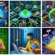 Kraftvolle Illustrationen von Bloggern in einem digitalen Haifischbecken, modernen Server-Technologien, SEO-Lösungen im Laborstil und einer Content-Baumstruktur, die Nischenblog-Erfolg und Monetarisierung visualisieren.