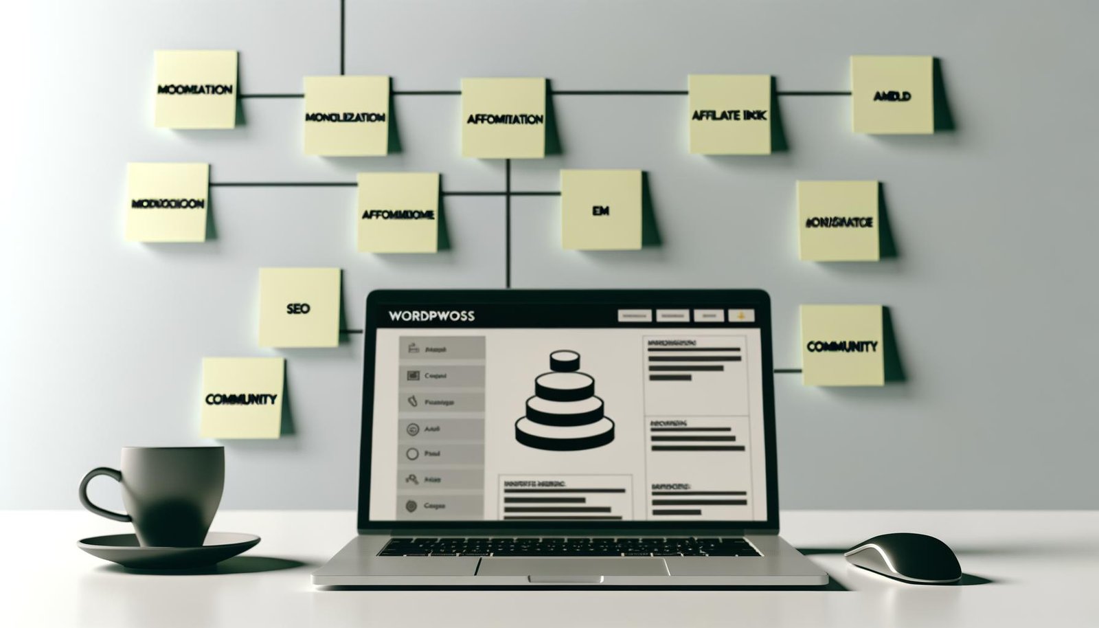 Minimalistischer Arbeitsplatz mit geöffnetem Laptop, umgeben von Notizen mit Schlagworten wie Monetarisierung, Affiliate, SEO und Community. Im Hintergrund schweben Icons für Monetarisierungsmodelle.