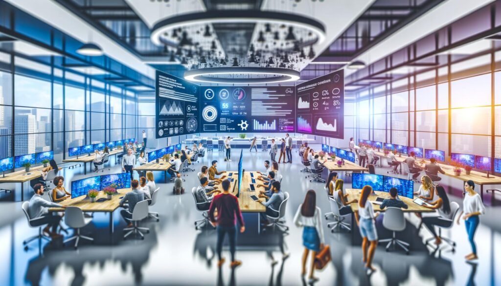 Futuristisches Open Office mit multikulturellem Team, digitalen Dashboards, großen Bildschirmen und KI-generierten Inhalten – modern und technologiegeladen.
