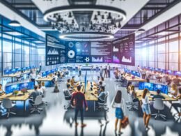 Futuristisches Open Office mit multikulturellem Team, digitalen Dashboards, großen Bildschirmen und KI-generierten Inhalten – modern und technologiegeladen.