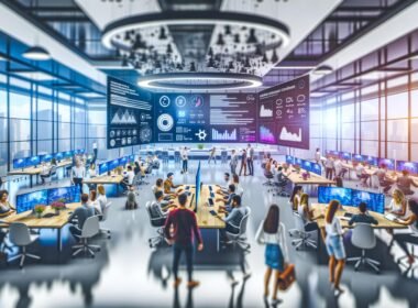 Futuristisches Open Office mit multikulturellem Team, digitalen Dashboards, großen Bildschirmen und KI-generierten Inhalten – modern und technologiegeladen.