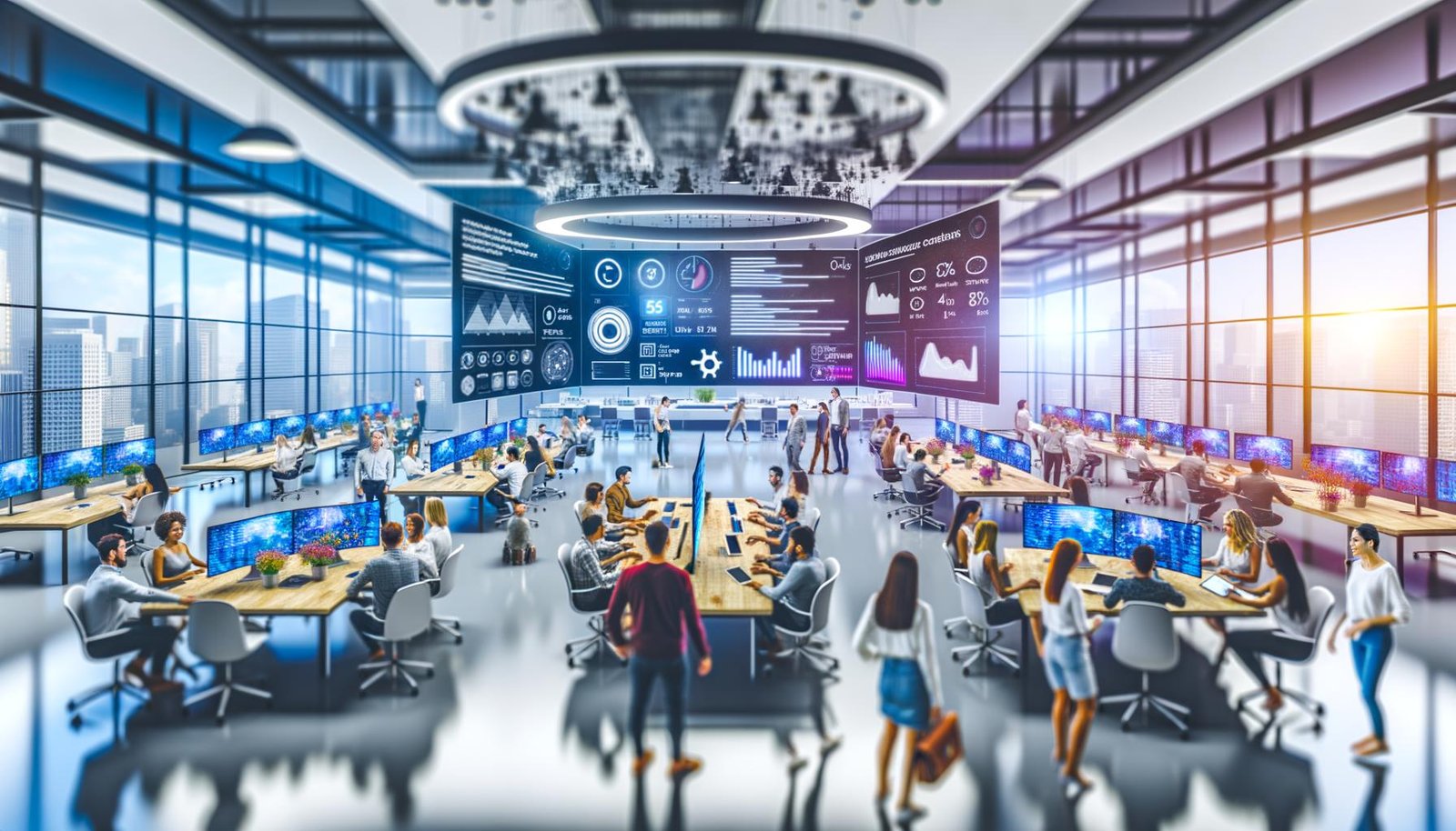 Futuristisches Open Office mit multikulturellem Team, digitalen Dashboards, großen Bildschirmen und KI-generierten Inhalten – modern und technologiegeladen.