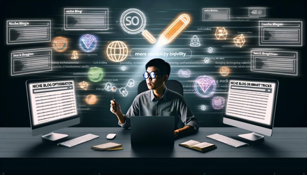 Blogger am modernen Schreibtisch mit Monitoren für SEO-Analysen, umgeben von Icons für Suchmaschinen, Datenanalyse, Linkbuilding und Content-Strategie, im digitalen Lichtschein