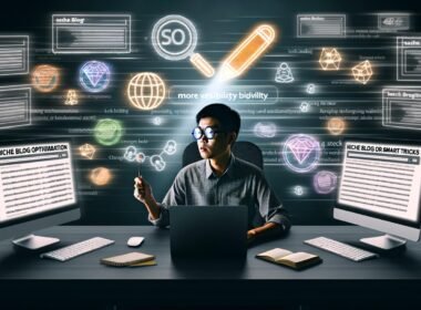 Blogger am modernen Schreibtisch mit Monitoren für SEO-Analysen, umgeben von Icons für Suchmaschinen, Datenanalyse, Linkbuilding und Content-Strategie, im digitalen Lichtschein