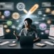 Blogger am modernen Schreibtisch mit Monitoren für SEO-Analysen, umgeben von Icons für Suchmaschinen, Datenanalyse, Linkbuilding und Content-Strategie, im digitalen Lichtschein