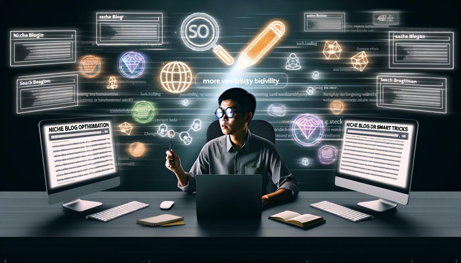 Blogger am modernen Schreibtisch mit Monitoren für SEO-Analysen, umgeben von Icons für Suchmaschinen, Datenanalyse, Linkbuilding und Content-Strategie, im digitalen Lichtschein