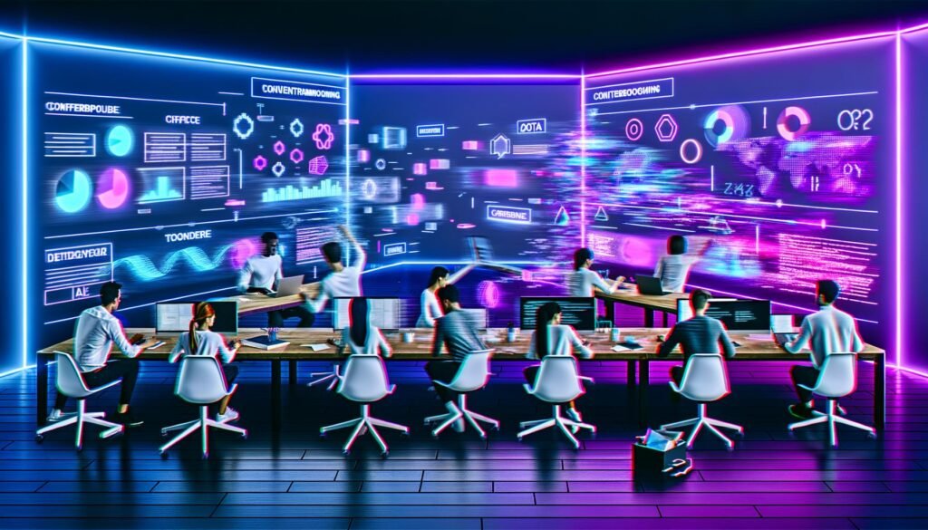 Hypermoderner Arbeitsplatz mit kreativen Fachkräften, transluzenten Bildschirmen, holografischen Analysen und KI-Tools unter Neonbeleuchtung.