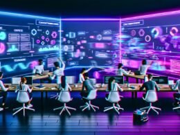 Hypermoderner Arbeitsplatz mit kreativen Fachkräften, transluzenten Bildschirmen, holografischen Analysen und KI-Tools unter Neonbeleuchtung.