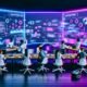 Hypermoderner Arbeitsplatz mit kreativen Fachkräften, transluzenten Bildschirmen, holografischen Analysen und KI-Tools unter Neonbeleuchtung.