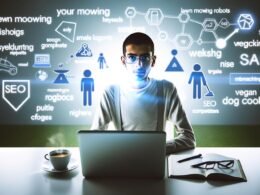 Motiviertes Titelbild: Junger Blogger am Laptop mit digitalen Mindmap-Elementen, Nischen-Symbolen und Webseiten-Silhouetten als Konkurrenten im Hintergrund.